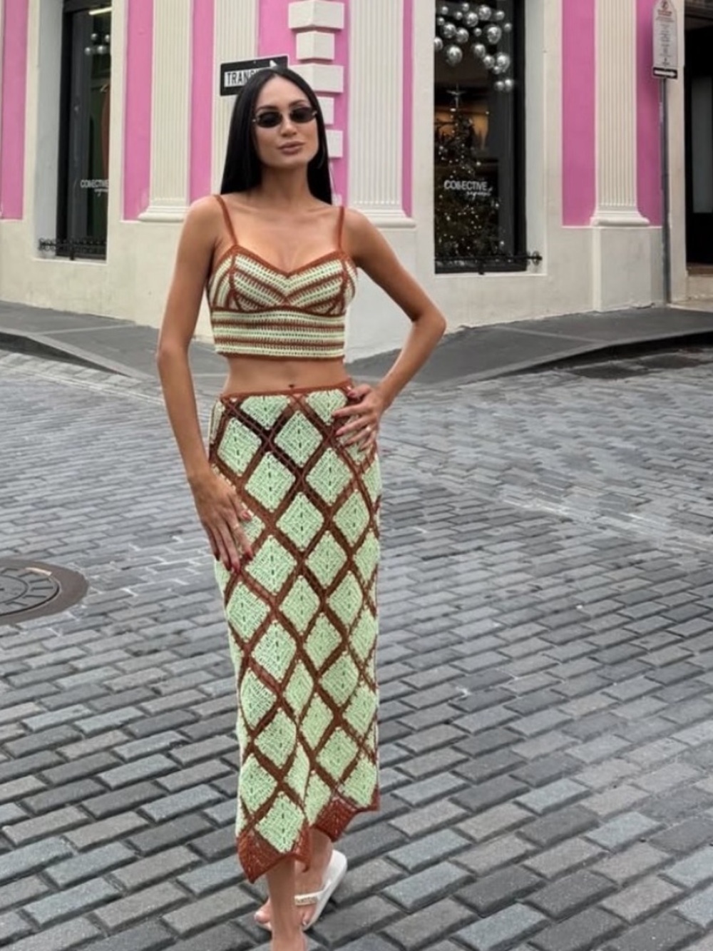 Elegant Green and Brown crocheted Checkered Skirt and top set - Picture 16 of 16